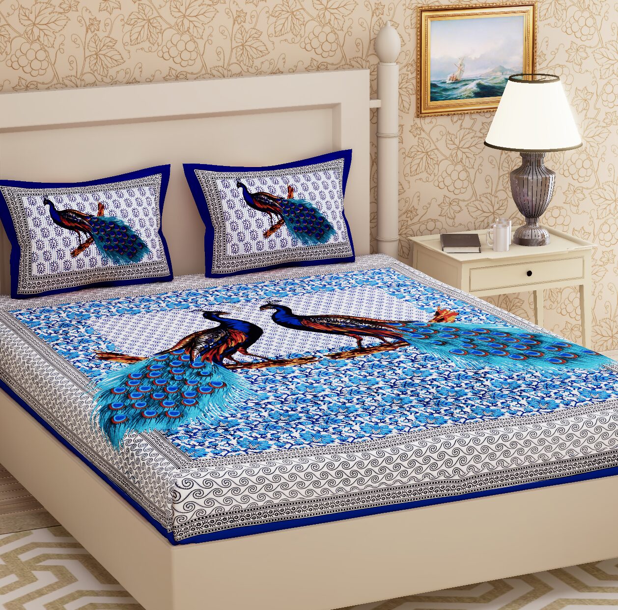 

JAIPUR PRIDE Cotton Printed Double Size Bedsheet 104 TC ( 1 Bedsheet With 2 Pillow Covers Blue )