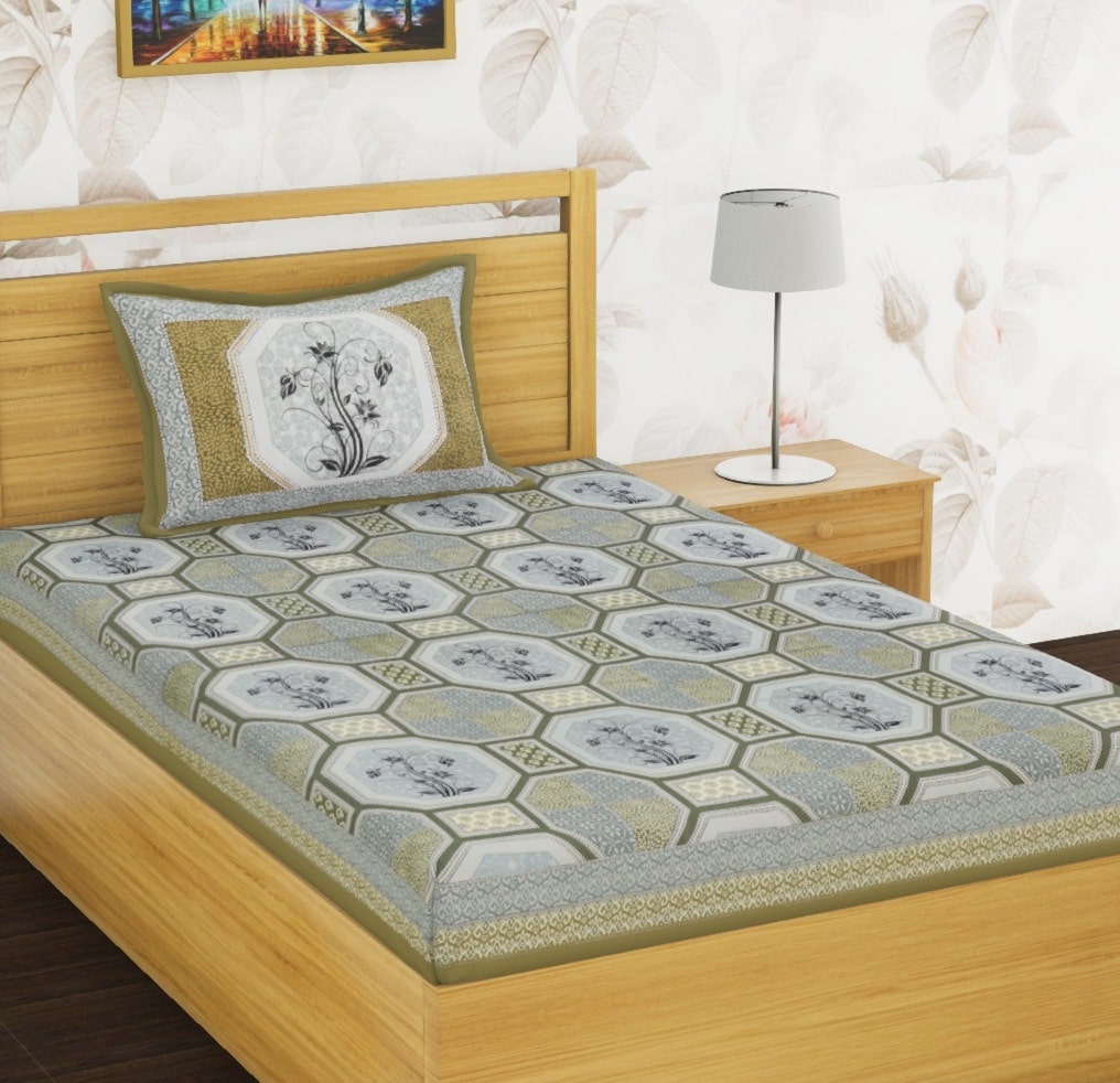 

JAIPUR PRIDE Cotton Floral Single Size Bedsheet 104 TC ( 1 Bedsheet With 1 Pillow Covers Green )