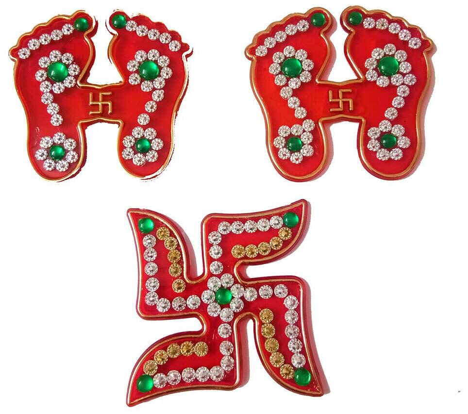 

JARS Collections Designer Acrylic Stone Studded Swastik Laxmi Feet Sticker for Decoration (Multicolour)(Pack of 3)