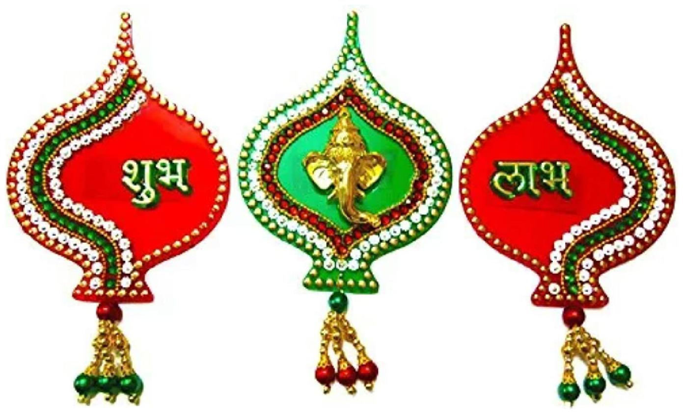 

JARS Collections Acrylic Handcrafted Stone Studded Shubh-Labh-Ganesh Sticker for Door Wall Floor Diwali Decoration (Big Multicolour) - Pack of 3