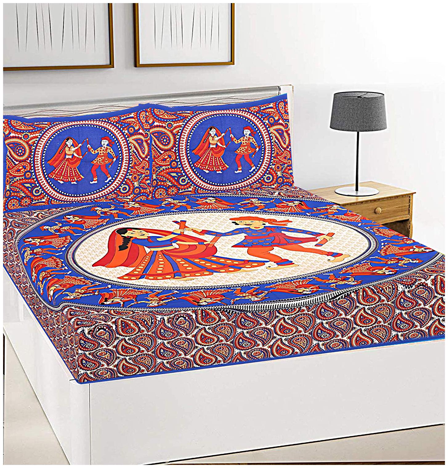 

JARS Collections Cotton Rajasthani Jaipuri Print Double Size Bedsheet 140 TC ( 1 Bedsheet With 2 Pillow Covers Blue )