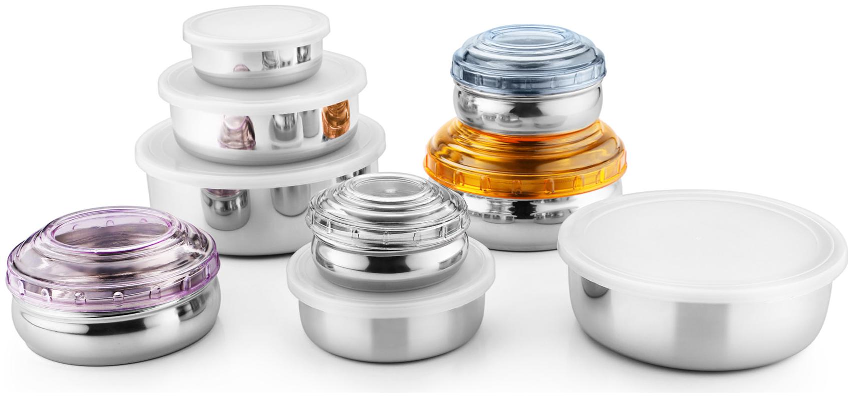 

JENSONS Round Stainless Steel 4 Pc Bally Canister Set 5 Pc Storage Bowl Silver Set of 9