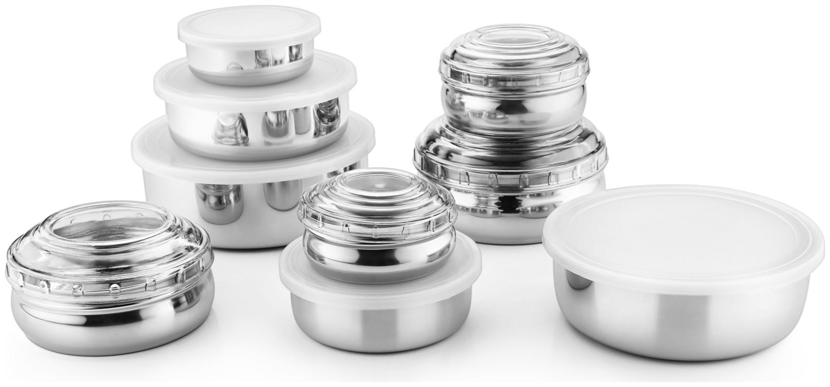 

JENSONS Round Stainless Steel 4 Pc Bally Canister Set 5 Pc Storage Bowl Silver Set of 9
