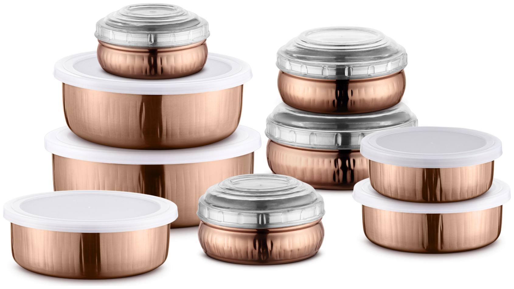 

Jensons Stainless Steel Cookie Jar Tea Coffee Sugar Container Utility Container Copper Set of 9