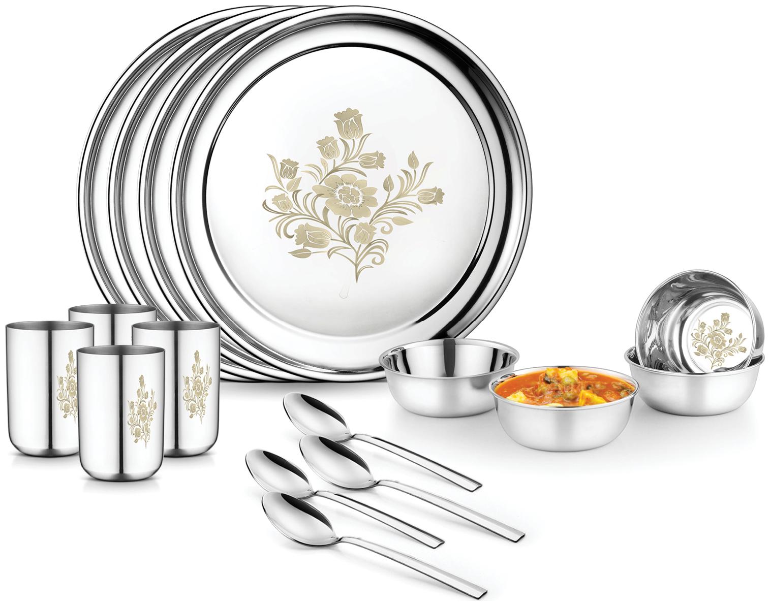 

Jensons Stainless Steel Lilly Dinner Set -16 Pcs-Silver- Heavy Gauge with Permanent laser Design