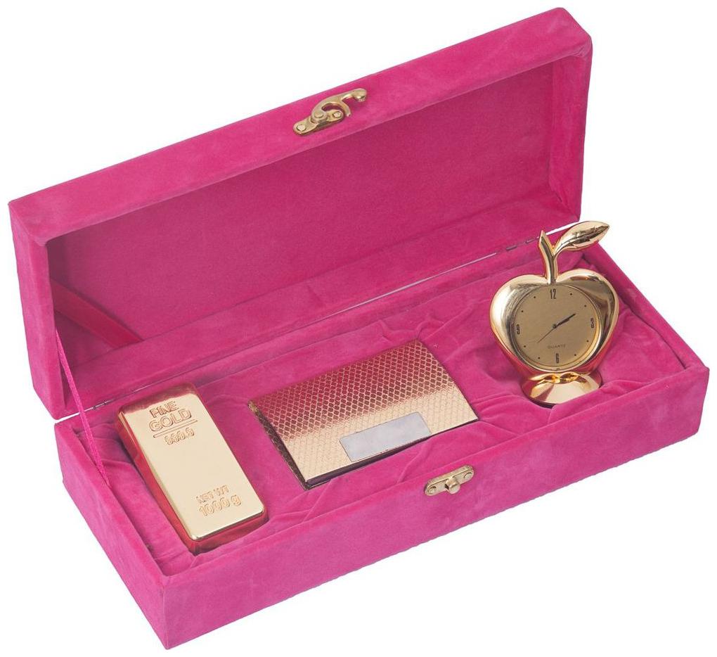 

JEWEL FUEL 24K Gold Plated Gold Bar Paper Weight Visiting Card Holder And Apple Shape Table Clock Gift Set