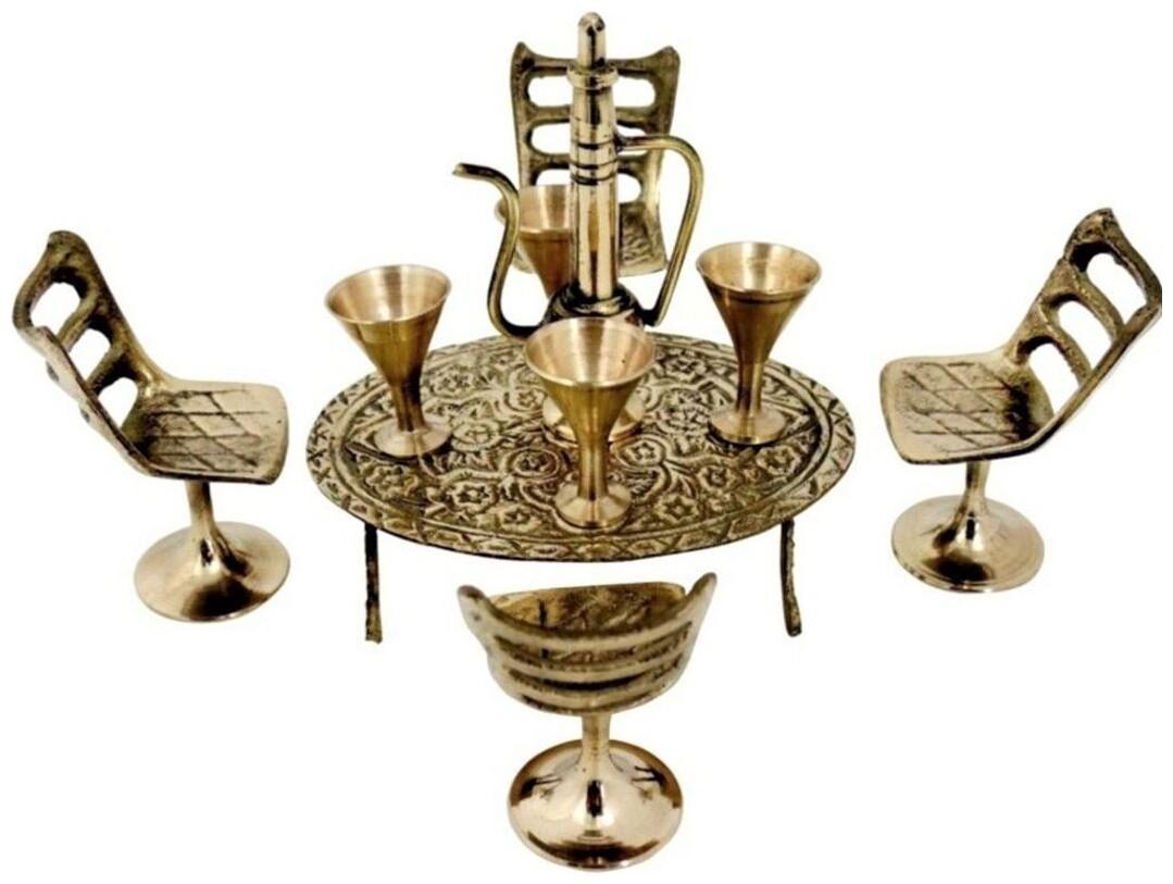 

JEWEL FUEL Brass Antique Finish Chair Table Set Miniature Showpiece