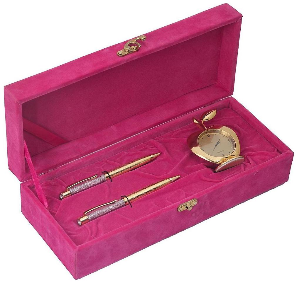 

JEWEL FUEL Gold Plated Apple Table Clock And German Silver 2 Gold Plated Pen Gift Set