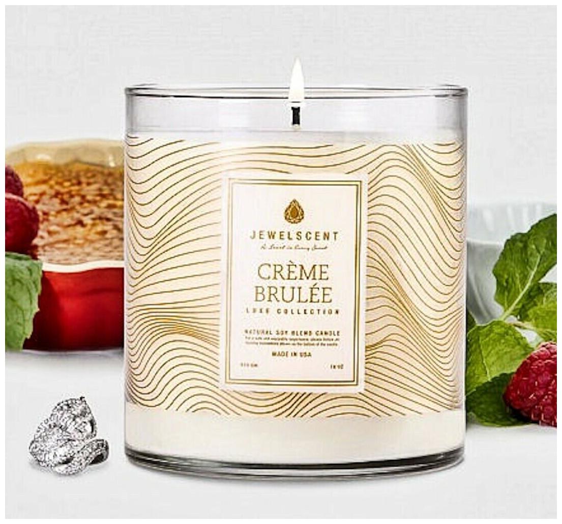 

JewelScent CREME BRULEE Luxe 120 Hour Soy Wax Candle FREE Size 6 Ring Inside