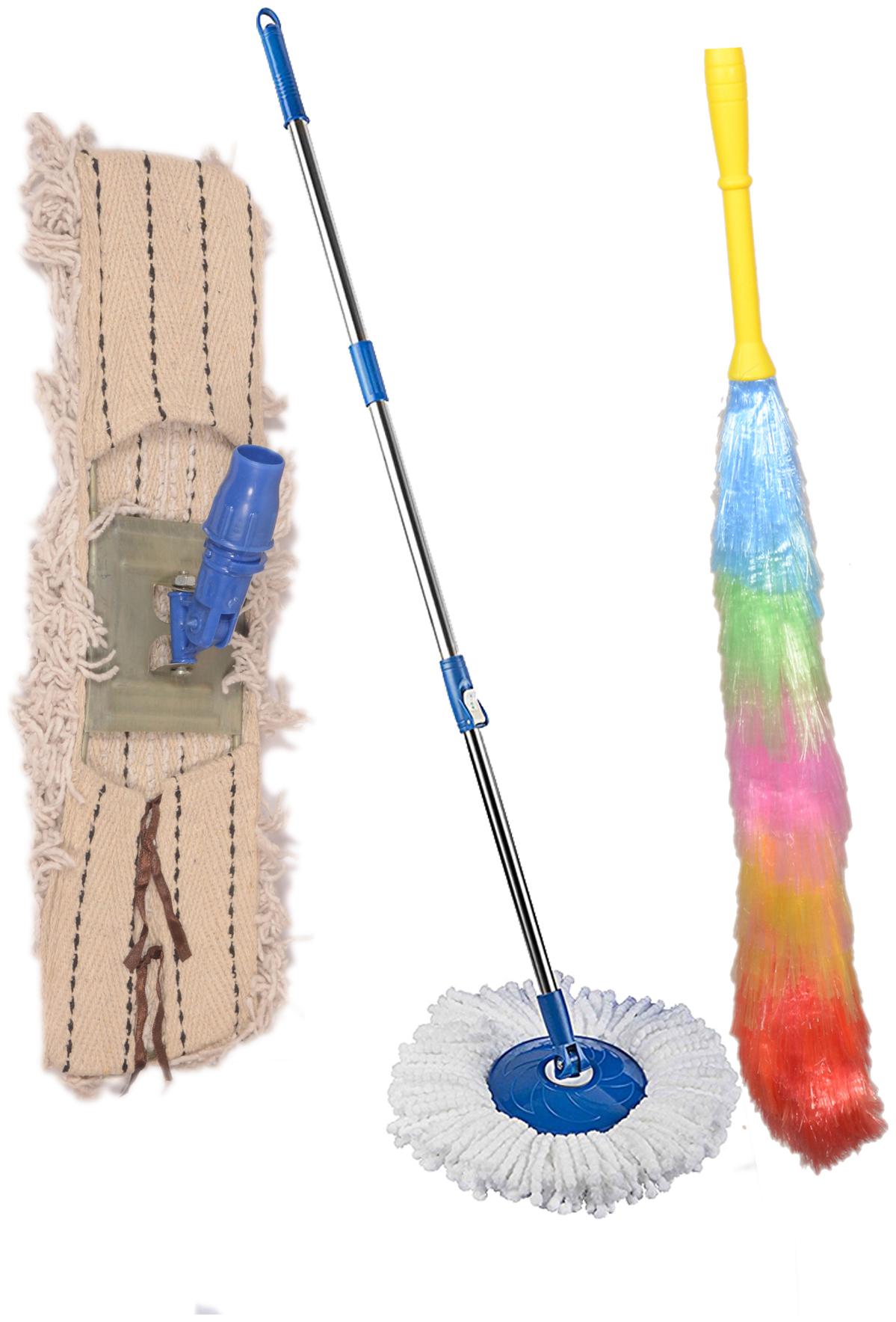 

Jianagm Stainless Steel and Plastic Mop Rod Stick with 1 Deffirent Type Of Floor Control And Microfiber Static Multicolour Duster Refills Set (Standard Size)