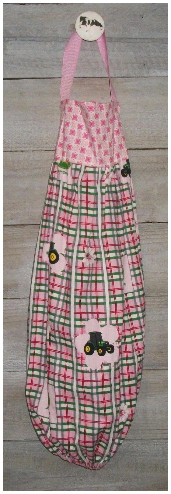 

John Deere Pink Green White Daisies Plastic Grocery Bag Rag Sock Holder Handmade