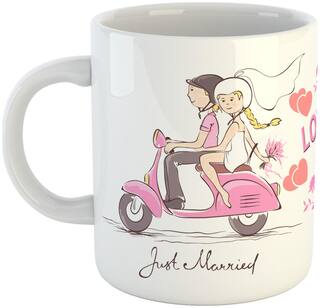 Just Married Printed Mug for Wife and Husband - Couple on Scooter Just Married - Mug-1682