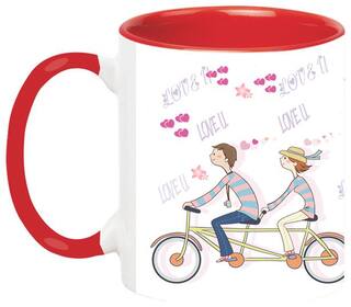 Just Married Couple Cycling Together Printed Coffee Mug - Married Couple Mug - Honeymoon Couple-Mug-1688-Red