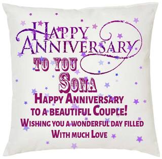 Juvixbuy Happy Anniversary to you Sona Printed White Cushion (12 inch x 12 inch)with Filler