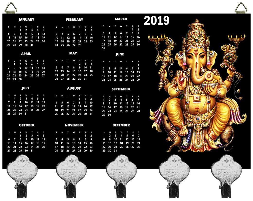 

Kartik God Ganesh Ganpati Design Digital Printed Wooden Designer Key Holder with New Year Print
