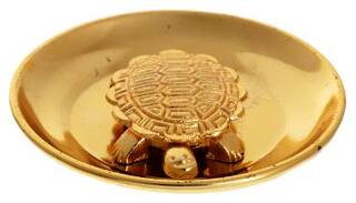 Kesar Zems Brass Wish Fulfilling Tortoise Figurine with Plate (10 cm x 7.5 cm x 1 cm;Gold;Pack of 2)