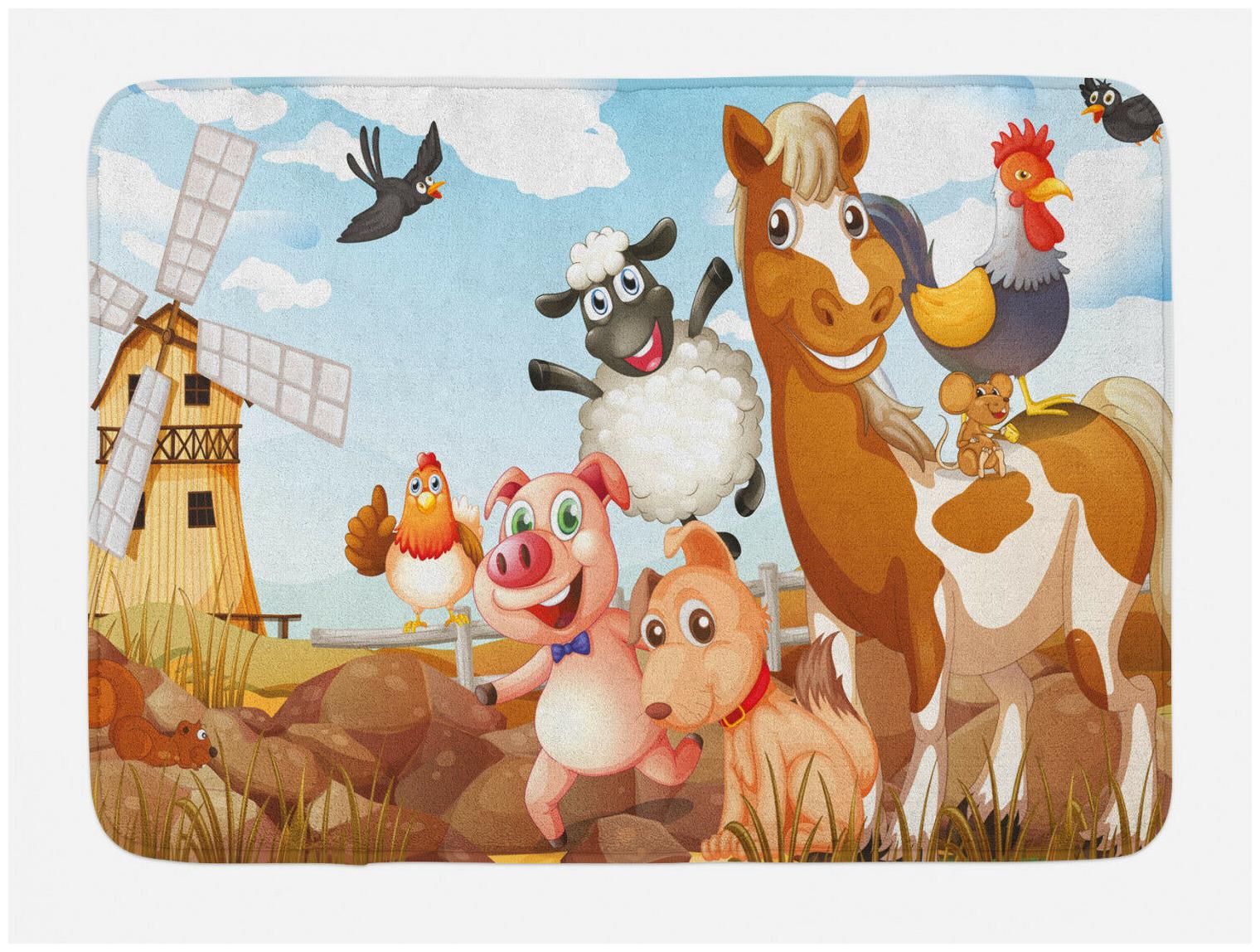 

Kids Bath Mat Animals in Farm Artwork Non-Slip Plush Mat 29 5 X 17 5 Inches