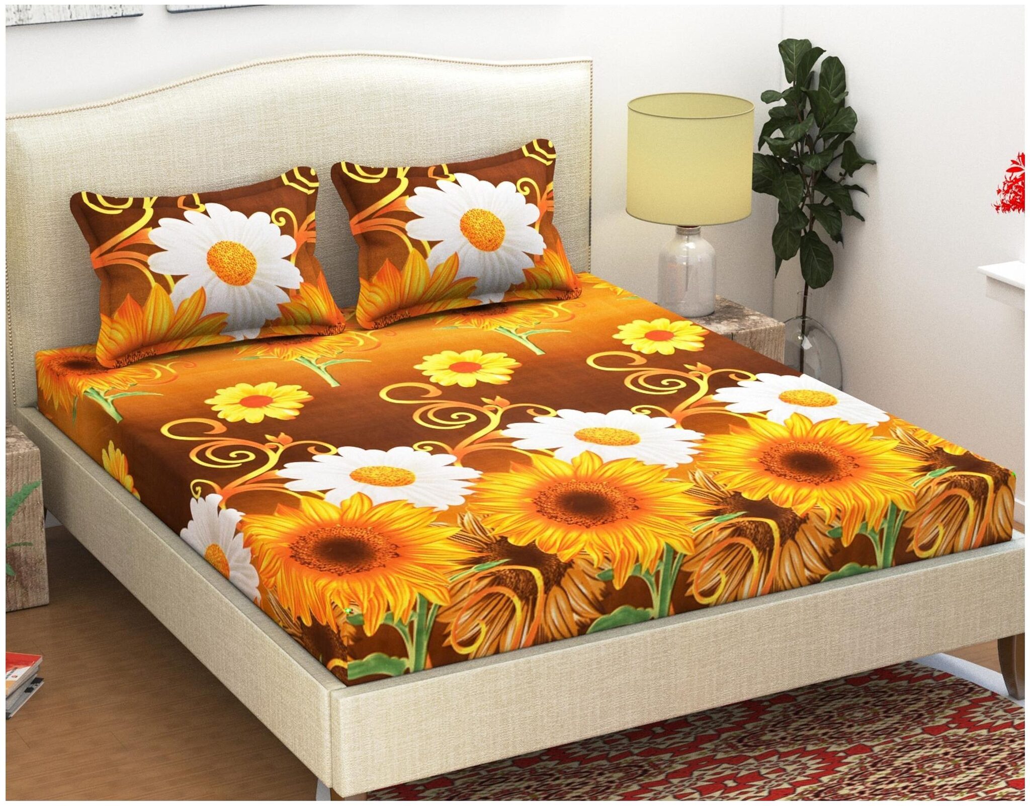

KIHOME Microfiber Floral Double Size Bedsheet 144 TC ( 1 Bedsheet With 2 Pillow Covers Yellow )