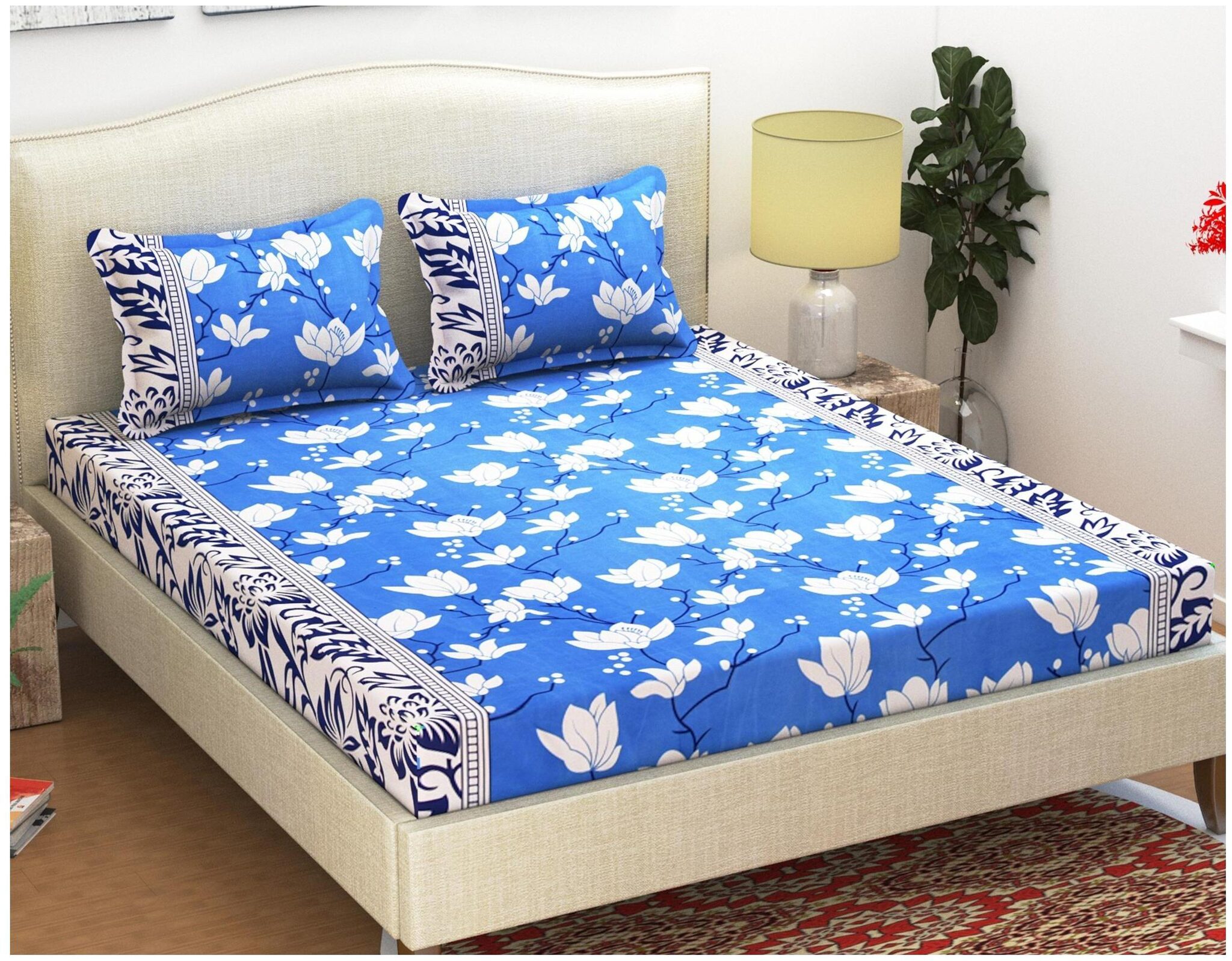 

KIHOME Microfiber Floral Double Size Bedsheet 144 TC ( 1 Bedsheet With 2 Pillow Covers Blue )