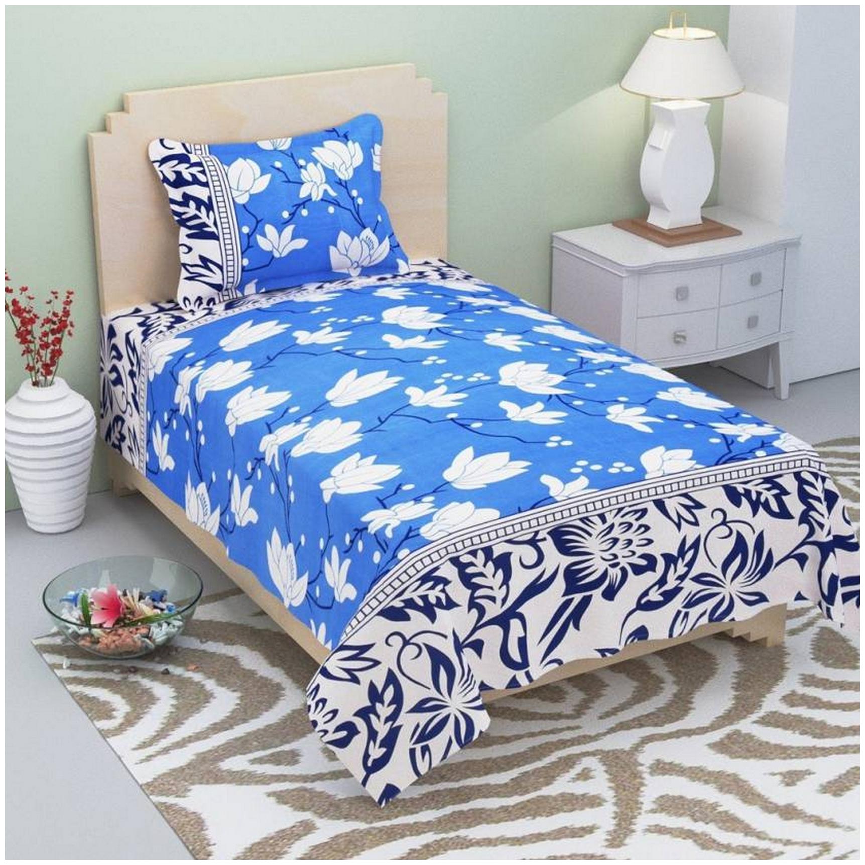 

KIHOME Microfiber Floral Single Size Bedsheet 144 TC ( 1 Bedsheet With 1 Pillow Covers Blue )