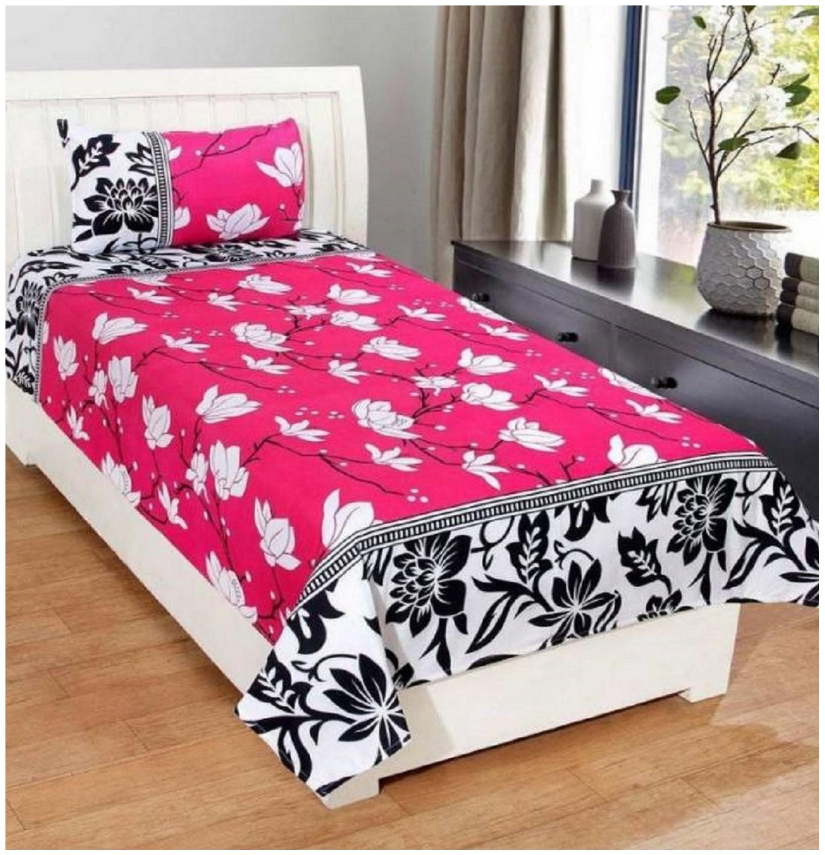 

KIHOME Microfiber Floral Single Size Bedsheet 144 TC ( 1 Bedsheet With 1 Pillow Covers Pink )