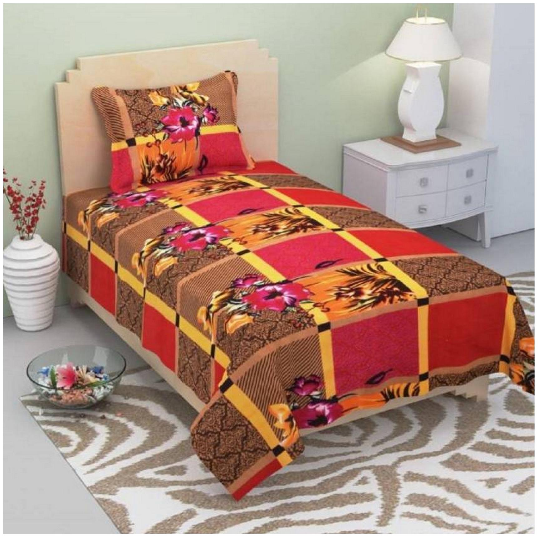 

KIHOME Microfiber Floral Single Size Bedsheet 144 TC ( 1 Bedsheet With 1 Pillow Covers Brown )
