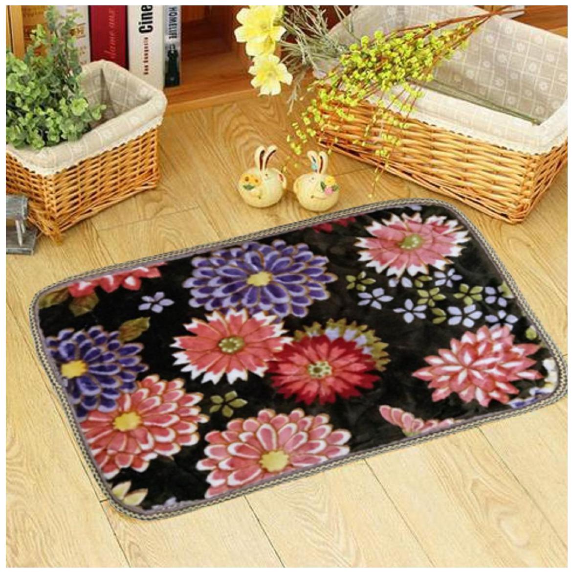 

Kihome Velvet Flower Print Flano 1 Door Mat-Brown