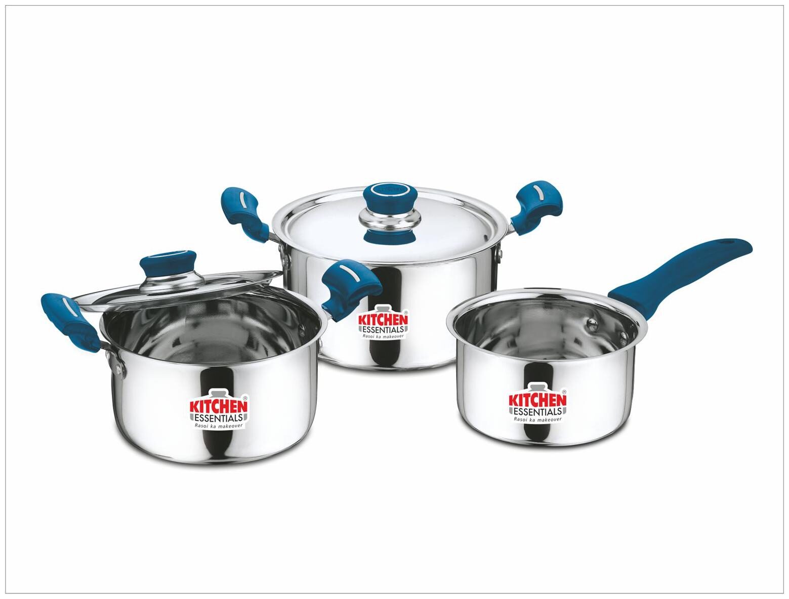 

Kitchen Essentials 5 pcs Shimmer Stainless Steel Cookware Set with Blue Handle