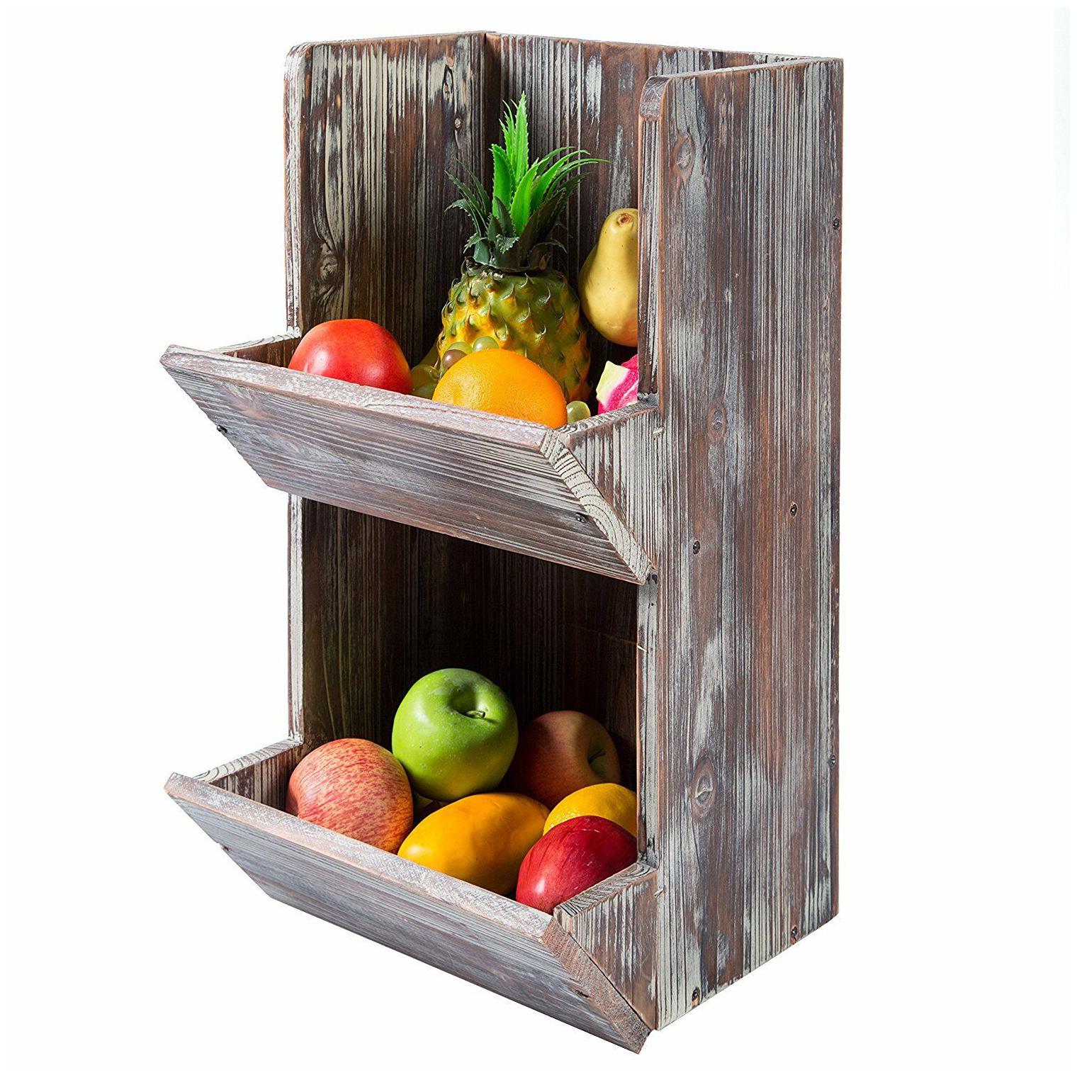 

Kitchen Fruit Storage Wood Wall Mount Vegetable 2 Tier Basket Bin Rack Holder