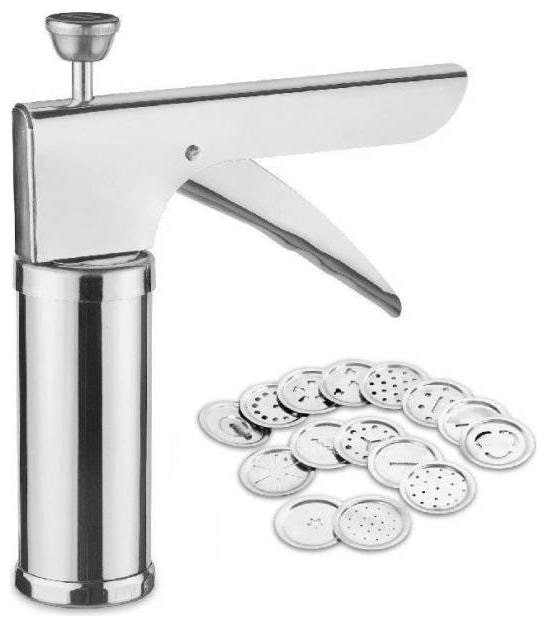 

Kitchen Press Grater Cookies Indian Snakes Murukku Maker Farsan Sev Maker with Different Types of 15 SS Jaalis (Regular)