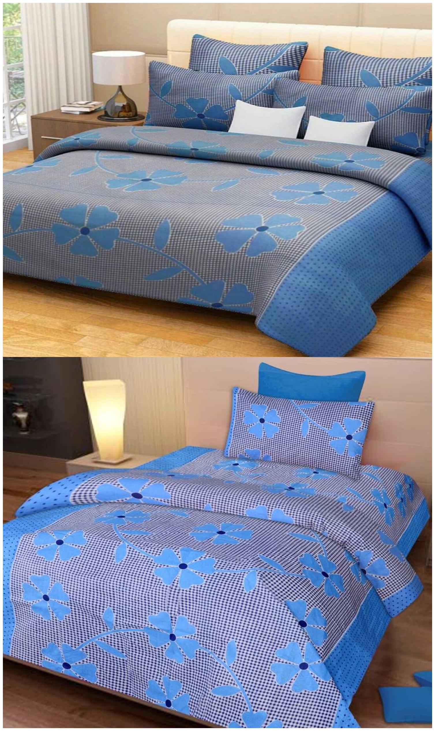 

Kohinoor Cotton Printed Double Size Bedsheet 120 TC ( 2 Bedsheet With 4 Pillow Covers Blue )