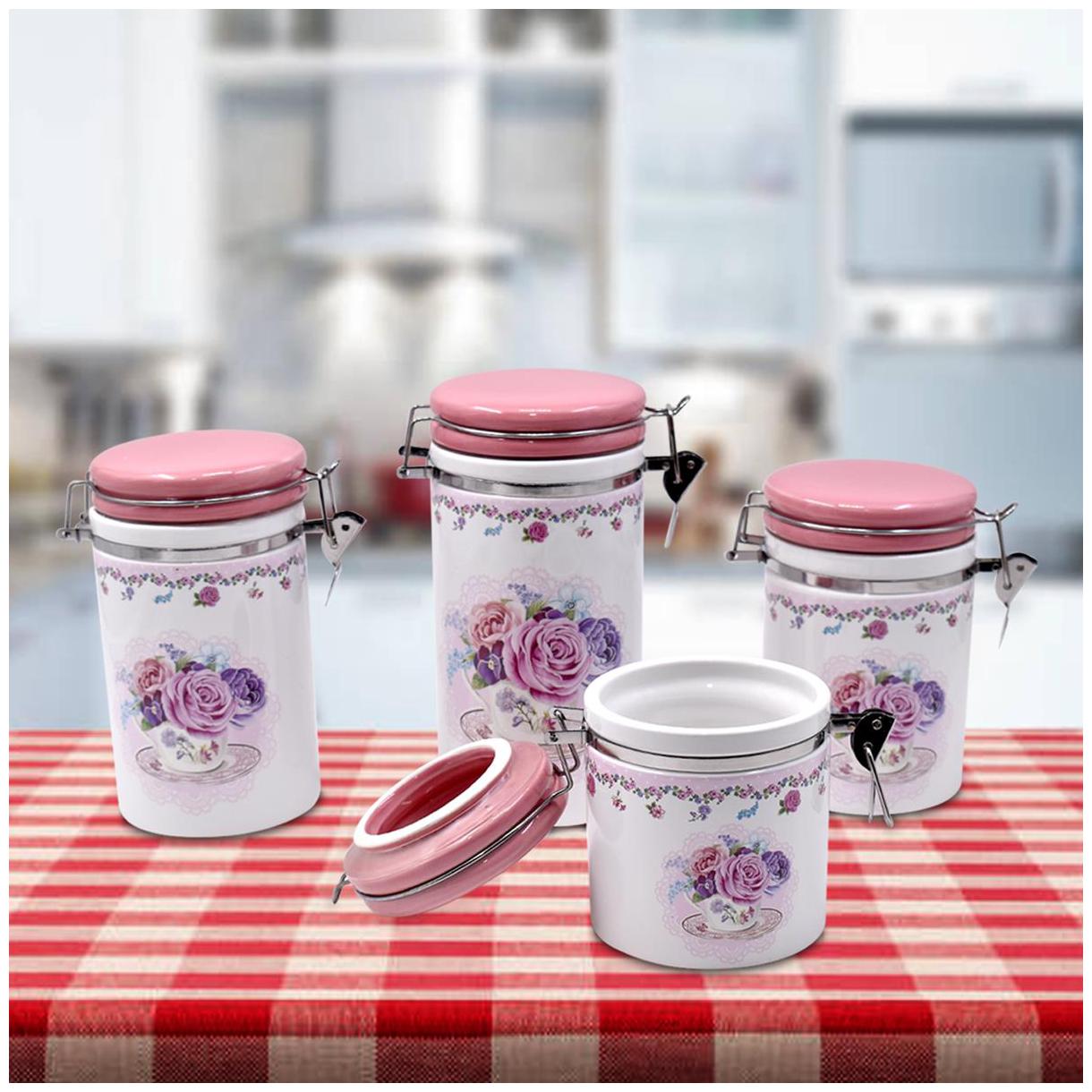 

Kookee Ceramic Canister Jars Containers Set (Pack of 4) (20cm 17cm 14cm 12cm) - Pink (488-A)
