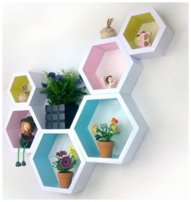 Kraftstics Marvelous Wooden Haxagon Shape Wall helf ( Number of Shelf 6 Multiclour)