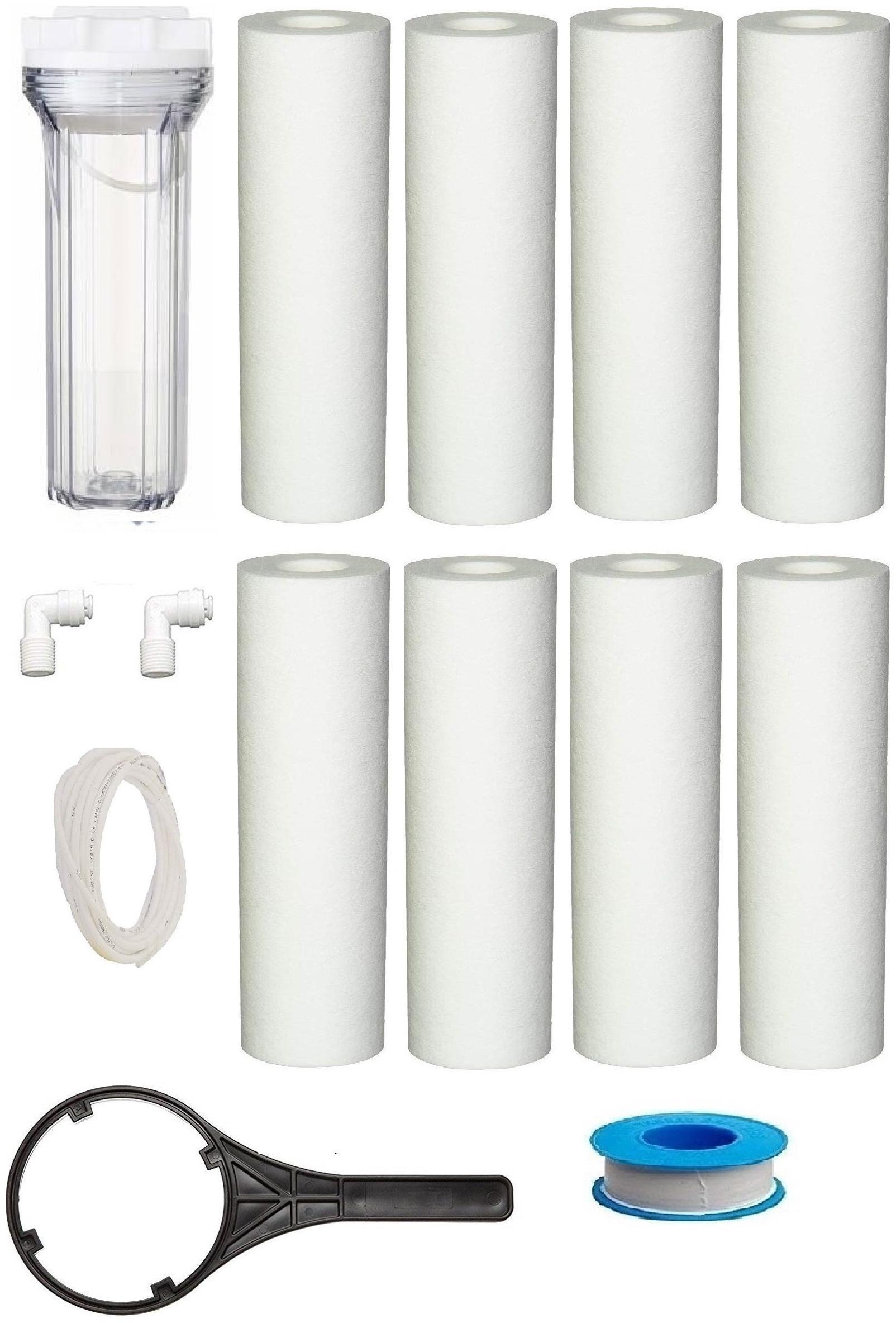 

Krplus 10 Crystal Transparent Pre Filter Housing With 8 pcs Spun Spanner Teflon Tape 2 pcs 1 4 Elbow Connector 3 Meter 1 4 Ro Pipe