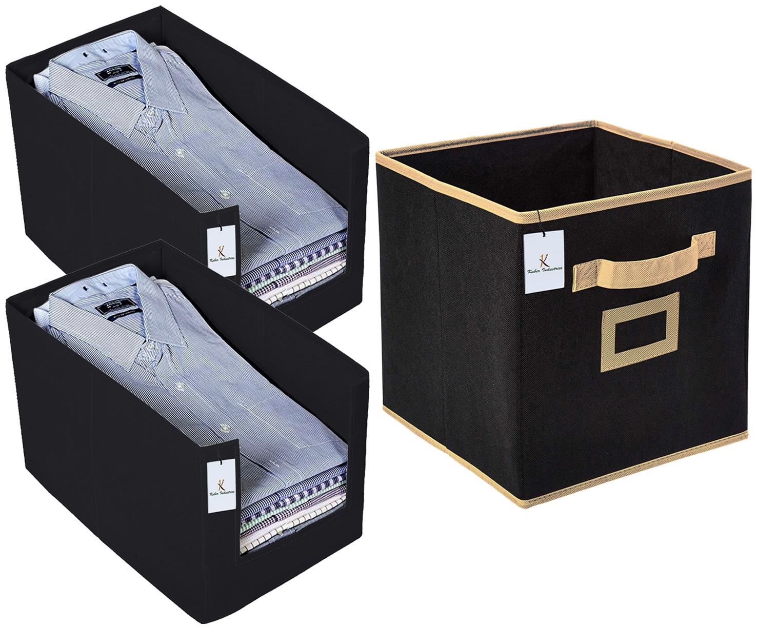 

Kuber Industries Non Woven 2 pc Shirt Stacker Wardrobe Organizer And 1 pc Large Foldable Storage Organiser Cubes Boxes (Black) - CTHH17761