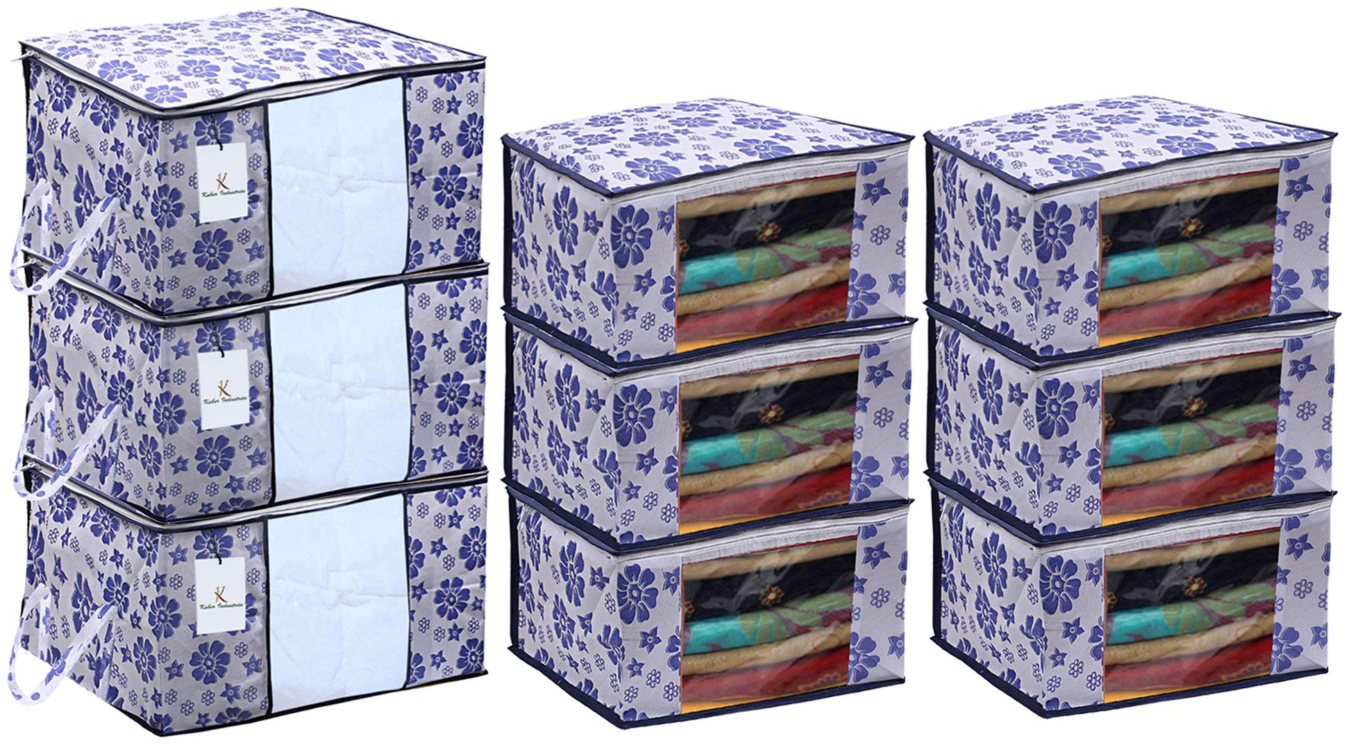 

Kuber Industries Flower Printed Non Woven 6 pcs Saree Cover And 3 pcs Underbed Storage Bag Cloth Organizer For Storage Blanket Cover Combo Set (Royal Blue) - CTHH18010