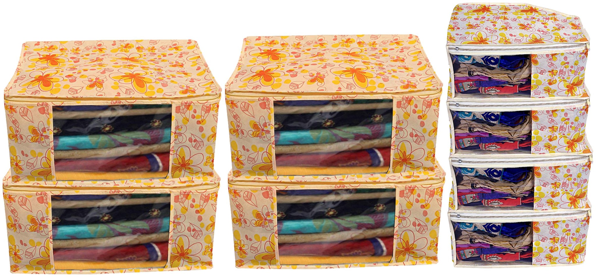 

Kuber Industries Flower Design Non Woven 4 pc Saree Cover Cloth Wardrobe Organizer And 4 pcs Blouse Cover Combo Set (Ivory Red) - CTHH17818