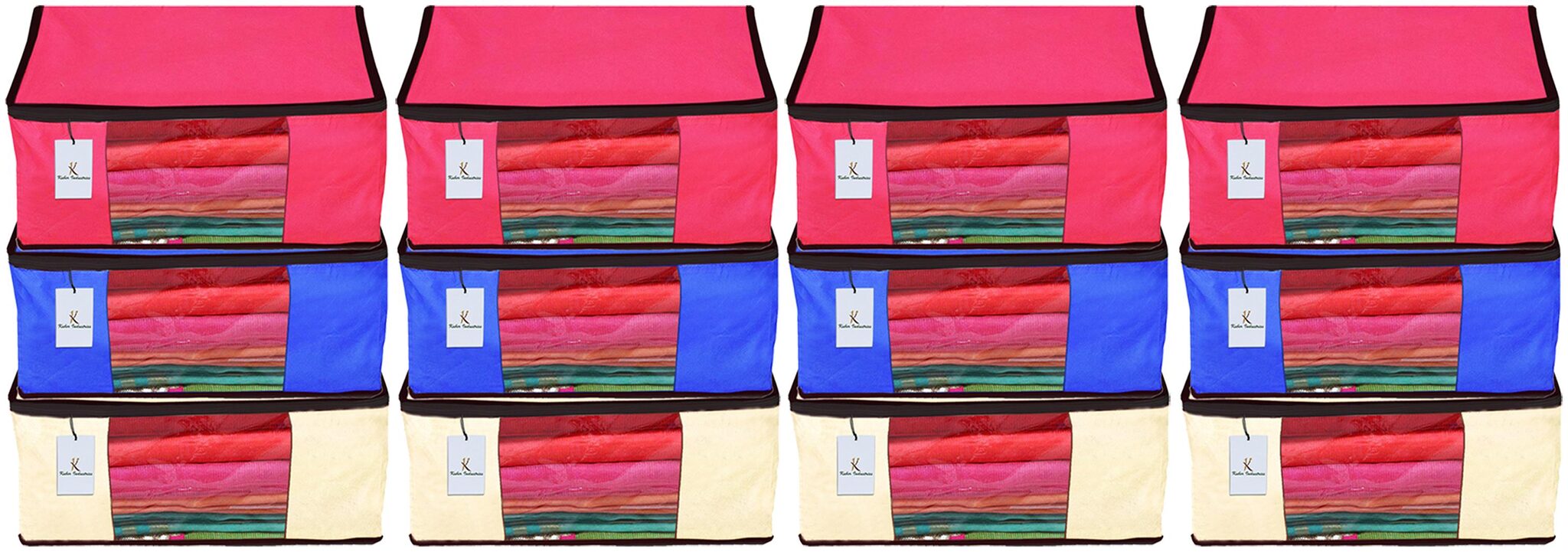 

Kuber Industries 12 Piece Non Woven Fabric Saree Cover Set with Transparent Window Extra Large Ivory Royal Blue Pink CTHH14195