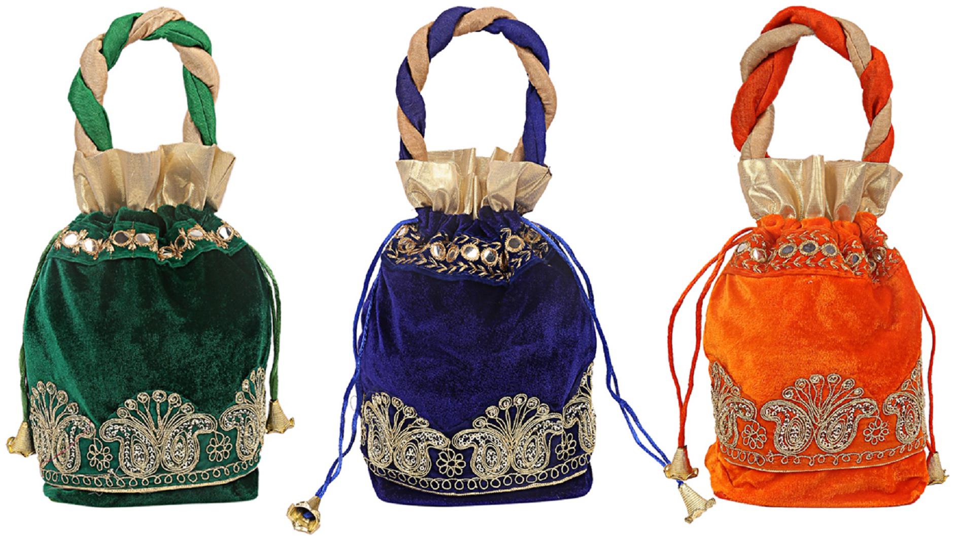 

Kuber Industries Velvet 3 pcs Women Potli Bag (Green Orange Blue) - CTHH10876