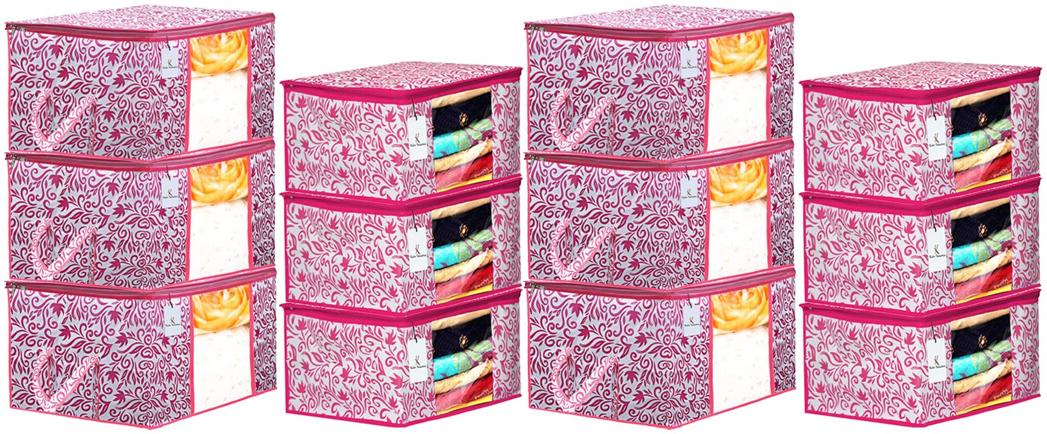 

Kuber Industries Leaf Design Non Woven 6 pcs Saree Cover And 6 pcs Underbed Storage Bag Cloth Organizer For Storage Blanket Cover Combo Set (Pink) - CTHH18048