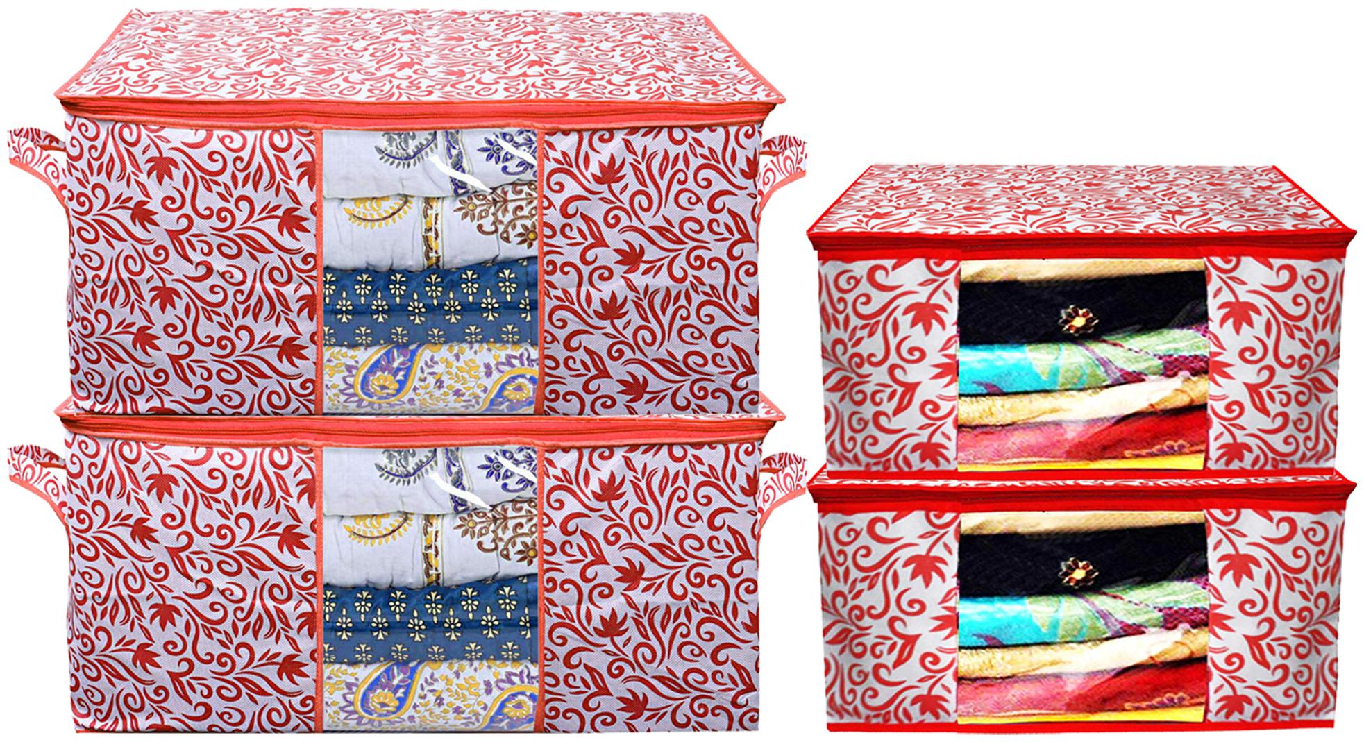 

Kuber Industries Leaf Design Non Woven 2 pcs Saree Cover And 2 pcs Underbed Storage Bag Cloth Organizer For Storage Blanket Cover Combo Set (Red) - CTHH18049