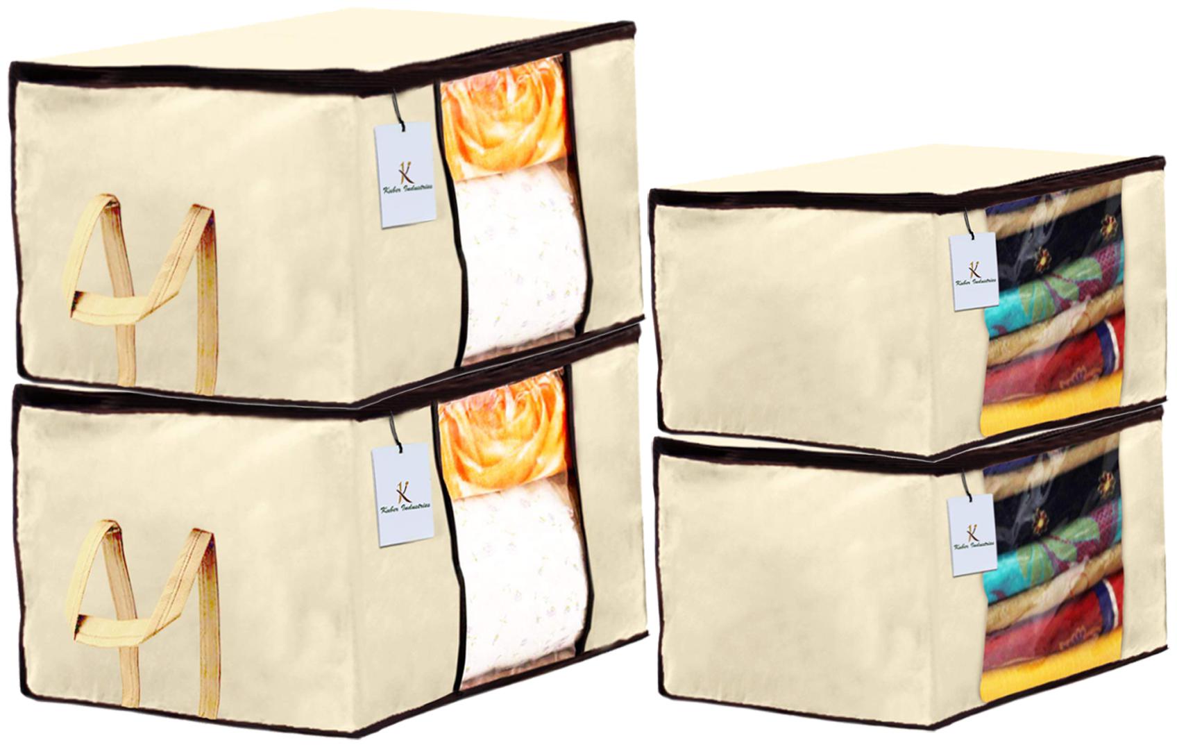 

Kuber Industries Non Woven 2 pcs Saree Cover And 2 pcs Underbed Storage Bag Cloth Organizer For Storage Blanket Cover Combo Set (Ivory) - CTHH17894