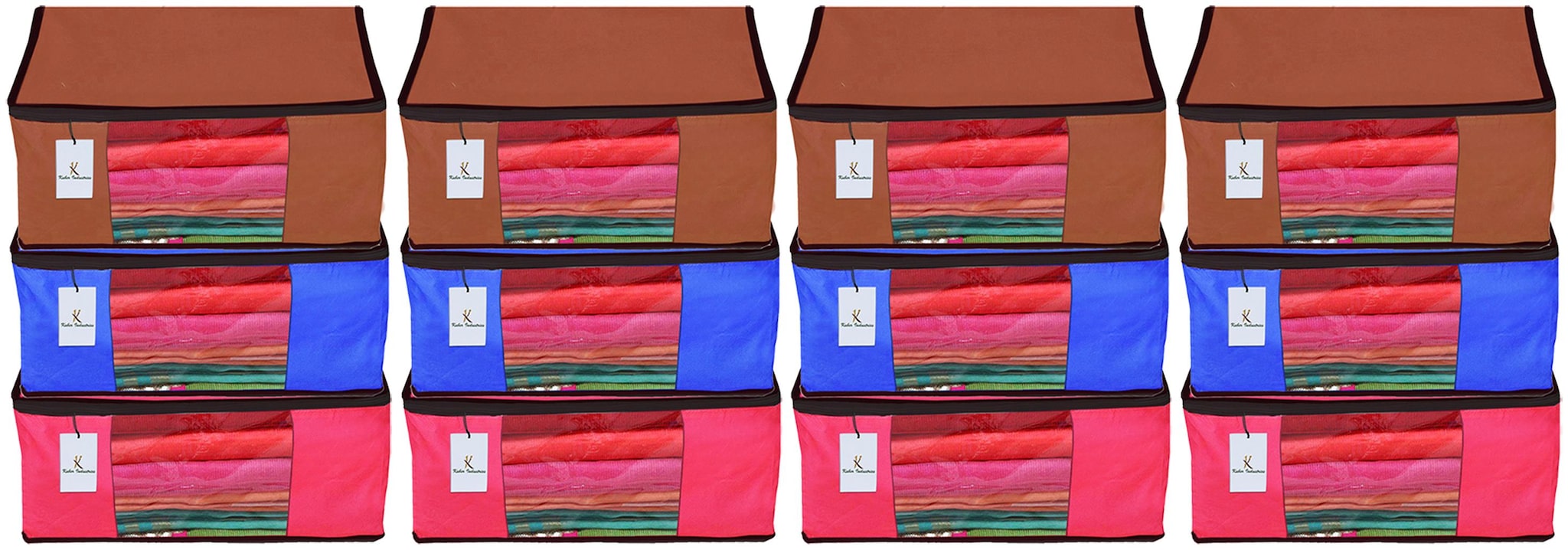 

Kuber Industries 12 Piece Non Woven Fabric Saree Cover Set with Transparent Window Extra Large Pink Royal Blue Dark Brown CTHH14193