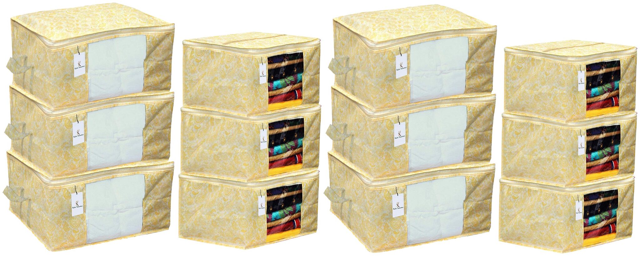 

Kuber Industries Metallic Printed Non Woven 6 pcs Saree Cover And 6 pcs Underbed Storage Bag Cloth Organizer For Storage Blanket Cover Combo Set (Gold) - CTHH17976