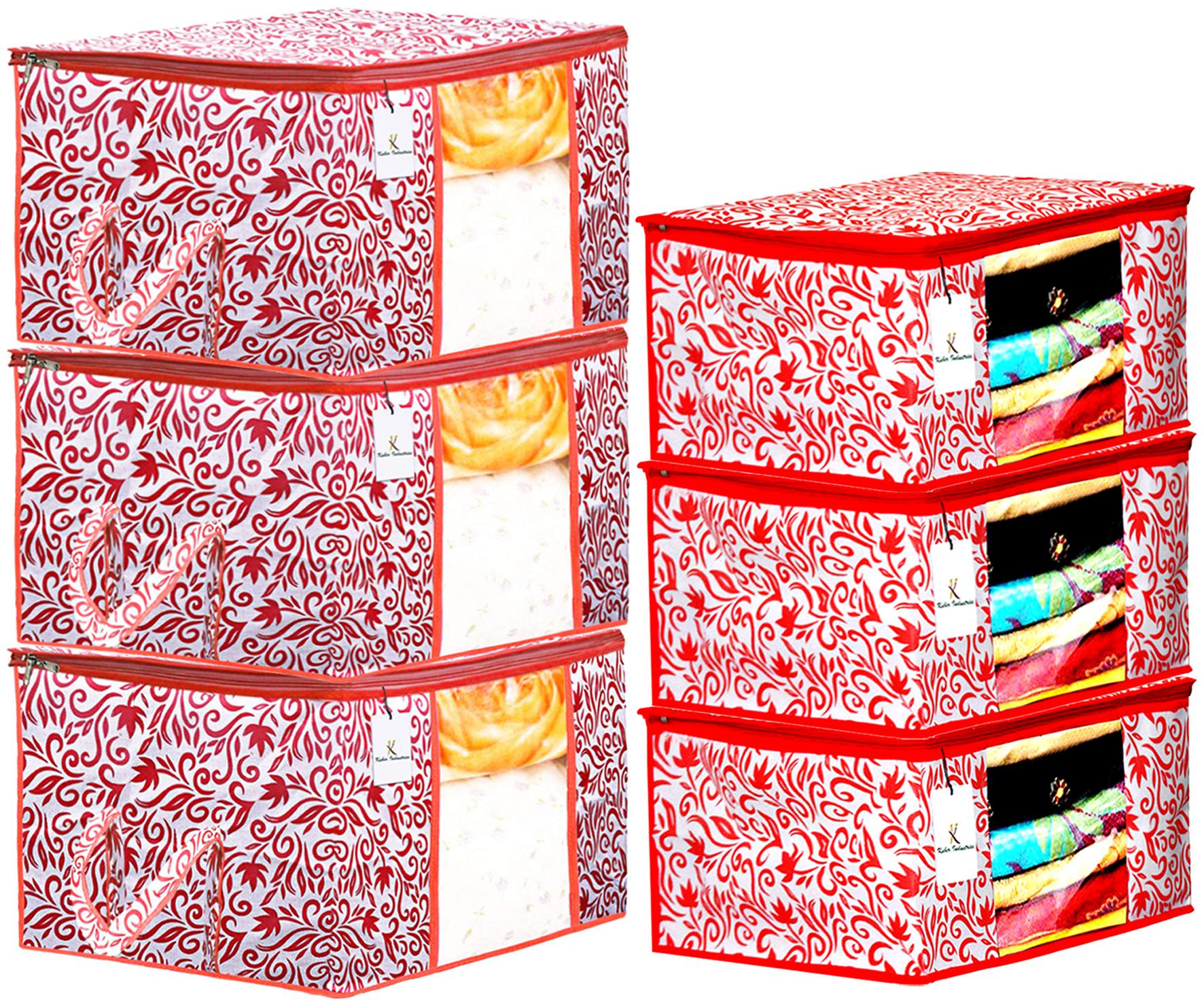 

Kuber Industries Leaf Design Non Woven 3 pcs Saree Cover And 3 pcs Underbed Storage Bag Cloth Organizer For Storage Blanket Cover Combo Set (Red) - CTHH18054