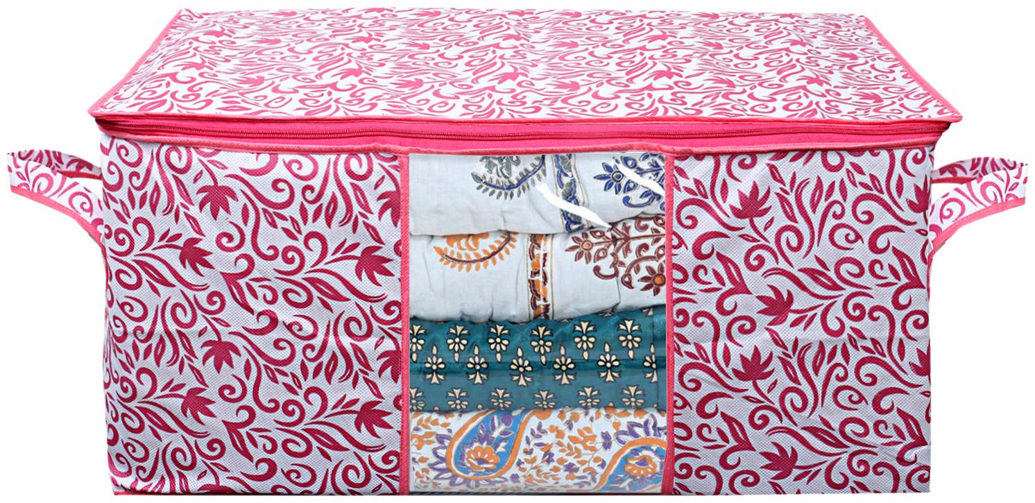 

Kuber Industries Leaf Design Non Woven Underbed Storage Bag Storage Organiser Blanket Cover (Pink)- CTHH12775