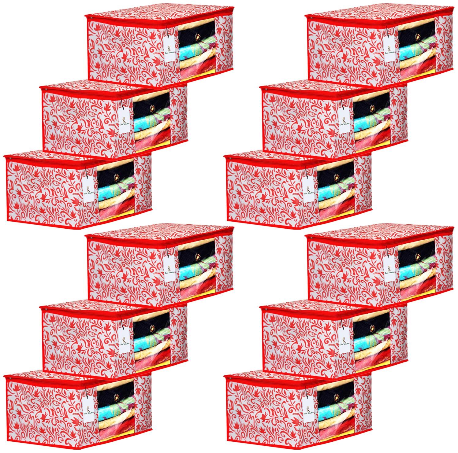 

Kuber Industries Leaf Design 12 pc Non Woven Fabric Saree Cover Set with Transparent Window Extra Large Red- CTHH16150