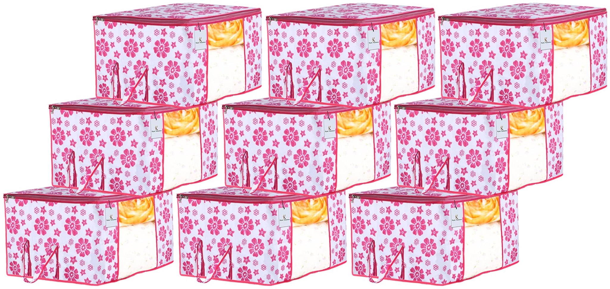 

Kuber Industries Flower Design 9 pc Non Woven Underbed Storage Bag Storage Organiser Blanket Cover with Transparent Window Extra Large Pink CTHH15600