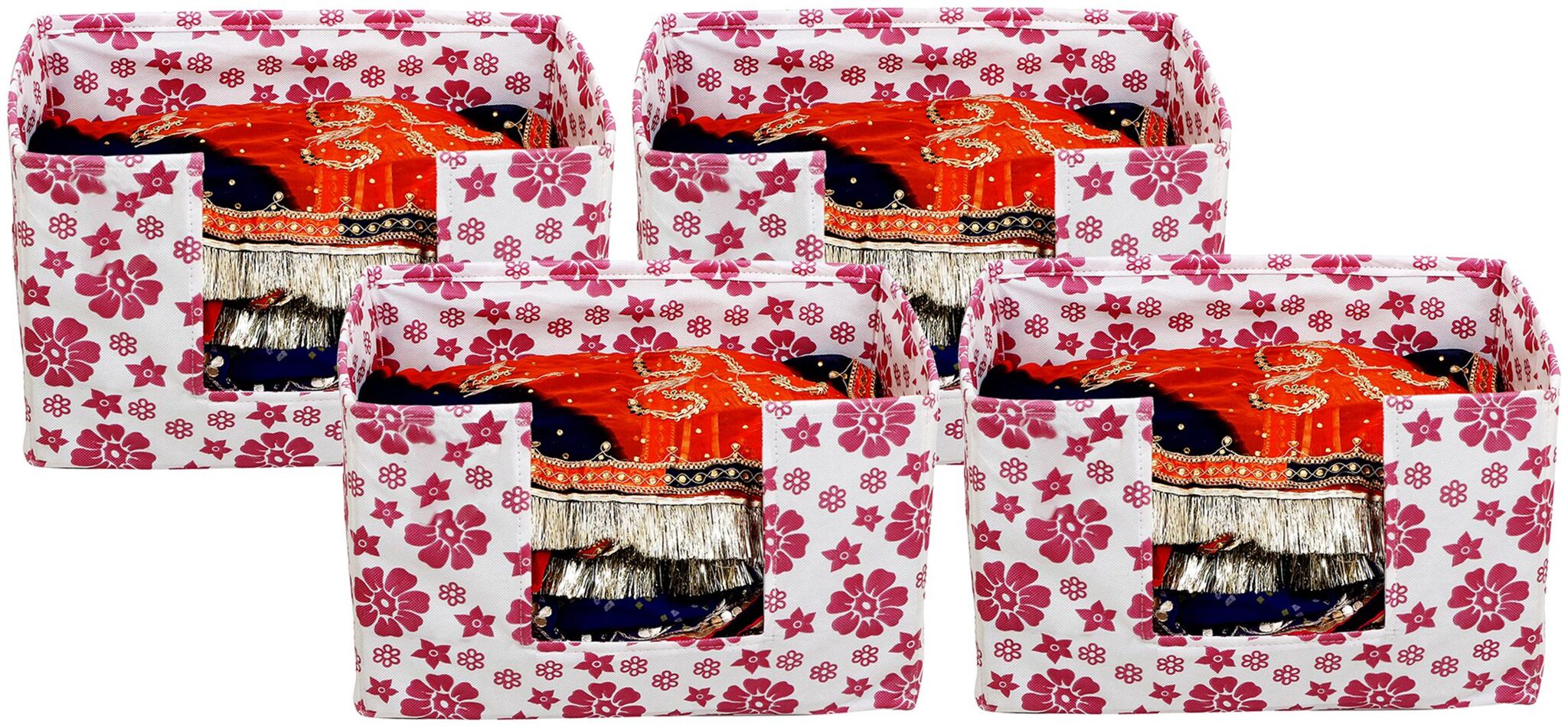 

Kuber Industries Flower Design 4 pcs Large Capacity Space Saver Closet Stackable and Foldable Saree Clothes Storage Bag Non-Woven Rectangle Cloth Saree Stacker Wardrobe Organizer (Pink) CTHH15672