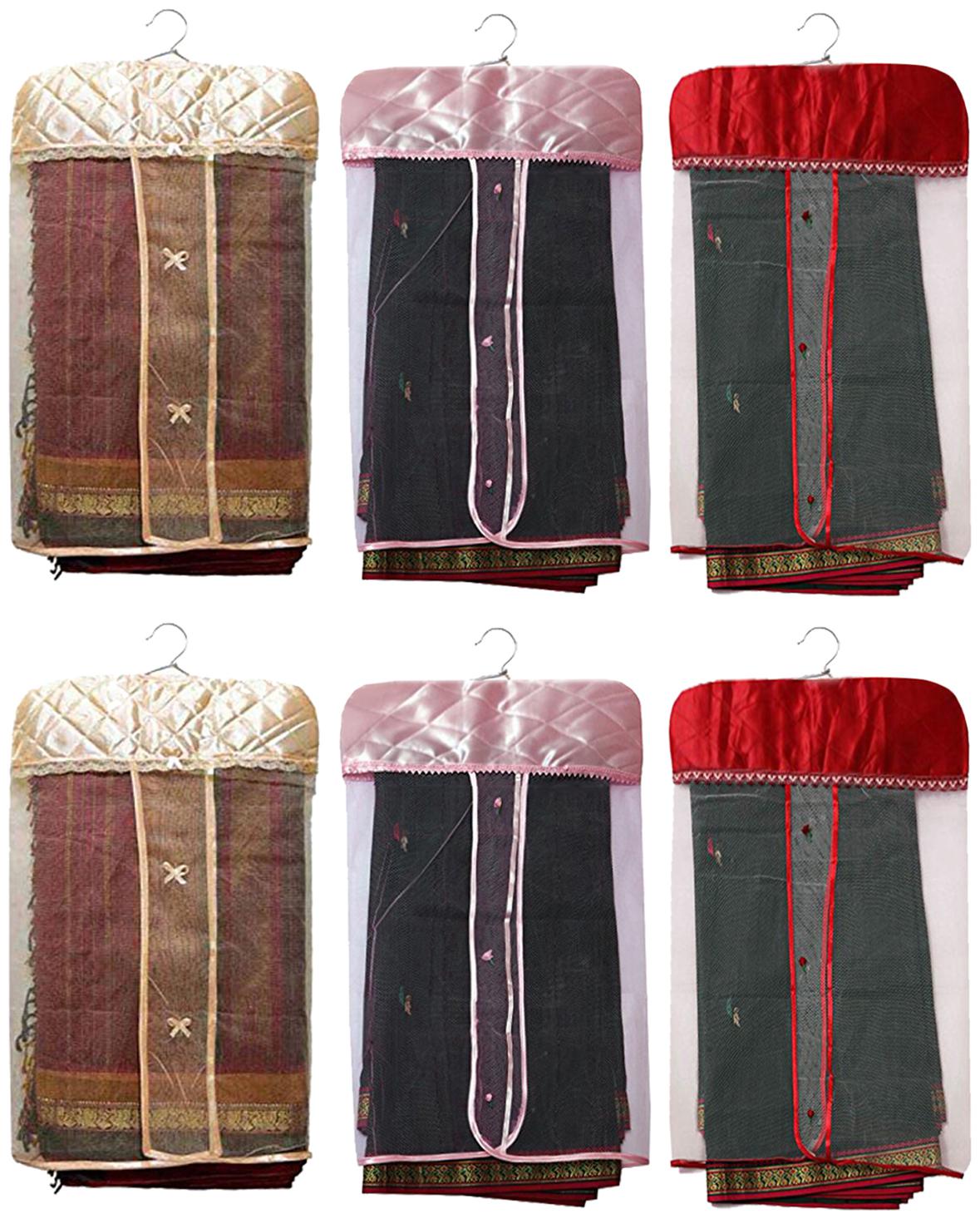 

Kuber Industries Satin 6 Pieces Hanging Saree Cover Set (Pink Maroon Peach)- CTHH20115
